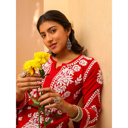 House of Chikankari Modal Chikankari Women's Kurta with Palazzo - Red (Set of 2)