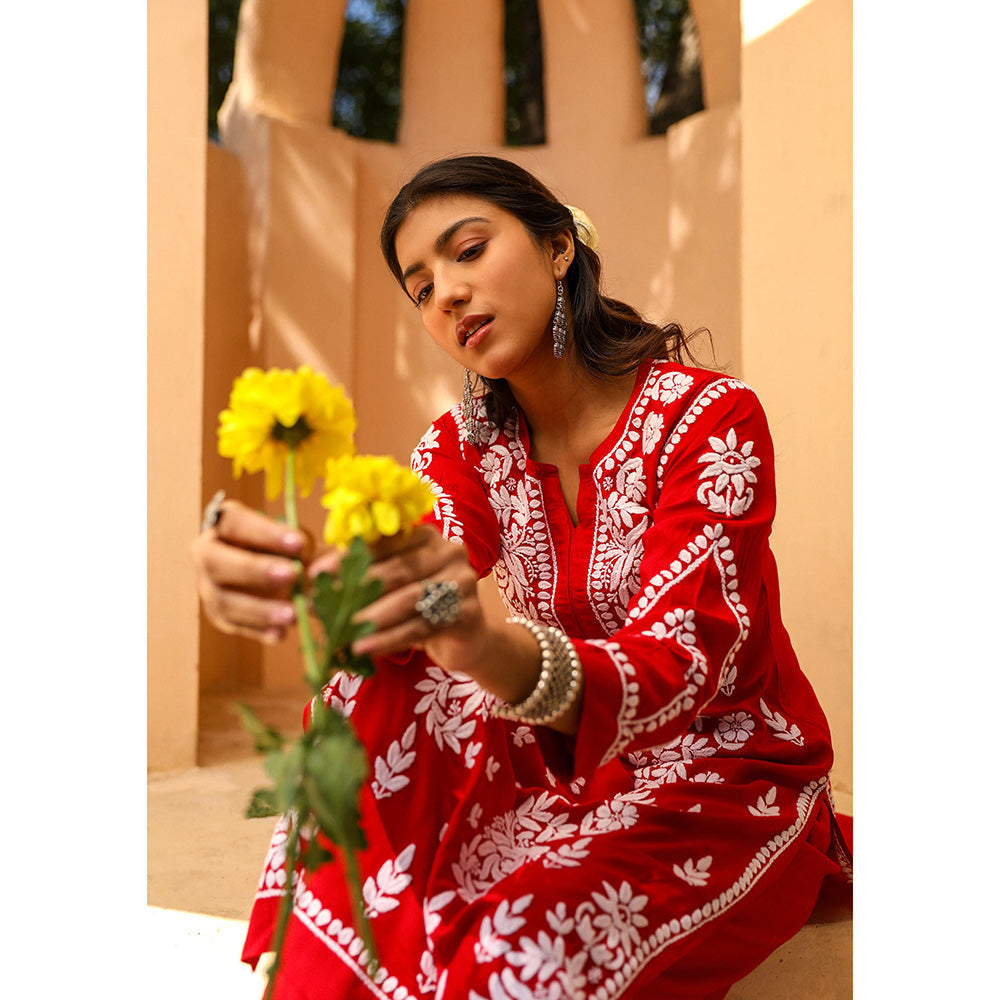 House of Chikankari Modal Chikankari Women's Kurta with Palazzo - Red (Set of 2)