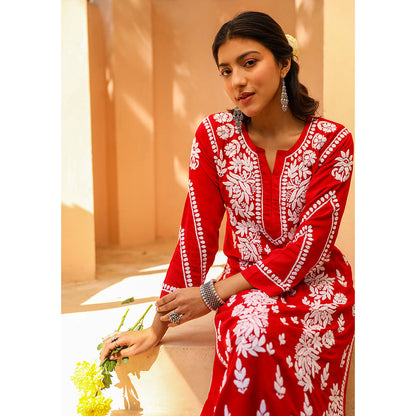 House of Chikankari Modal Chikankari Women's Kurta with Palazzo - Red (Set of 2)