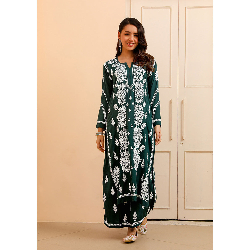 House of Chikankari Modal Chikankari Women's Kurta with Palazzo - Green (Set of 2)