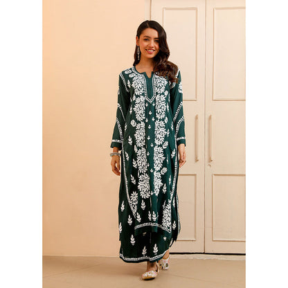 House of Chikankari Modal Chikankari Women's Kurta with Palazzo - Green (Set of 2)