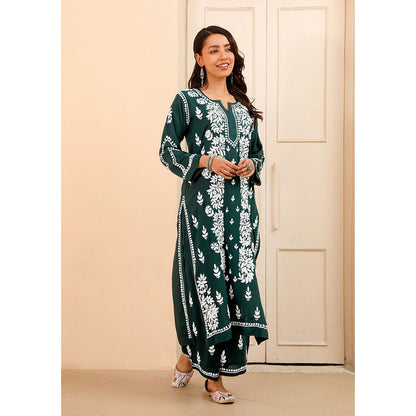 House of Chikankari Modal Chikankari Women's Kurta with Palazzo - Green (Set of 2)