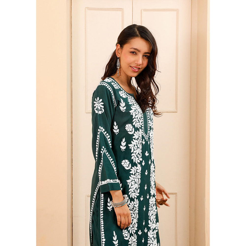 House of Chikankari Modal Chikankari Women's Kurta with Palazzo - Green (Set of 2)