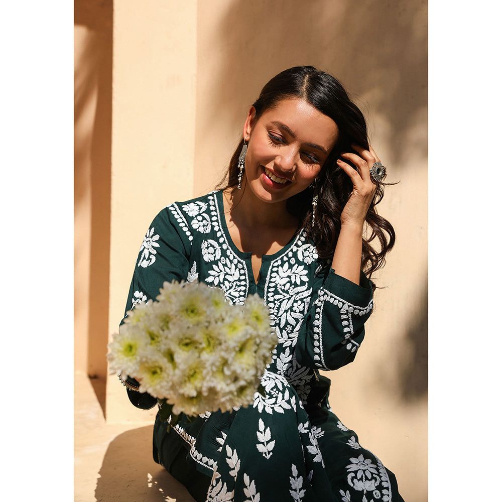 House of Chikankari Modal Chikankari Women's Kurta with Palazzo - Green (Set of 2)