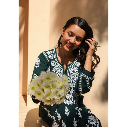 House of Chikankari Modal Chikankari Women's Kurta with Palazzo - Green (Set of 2)