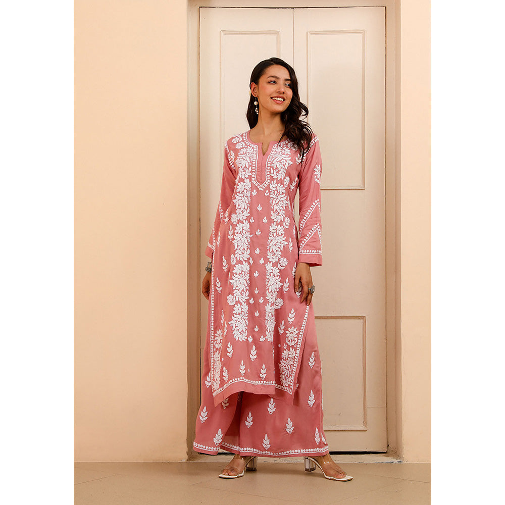 House of Chikankari Modal Chikankari Women's Kurta with Palazzo - Pink (Set of 2)
