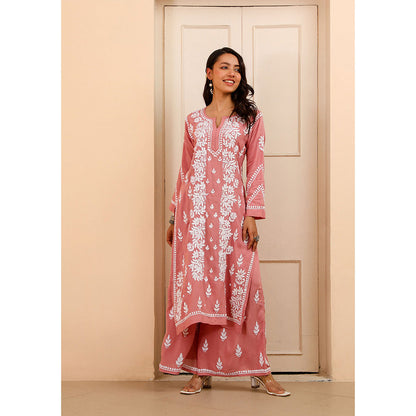 House of Chikankari Modal Chikankari Women's Kurta with Palazzo - Pink (Set of 2)