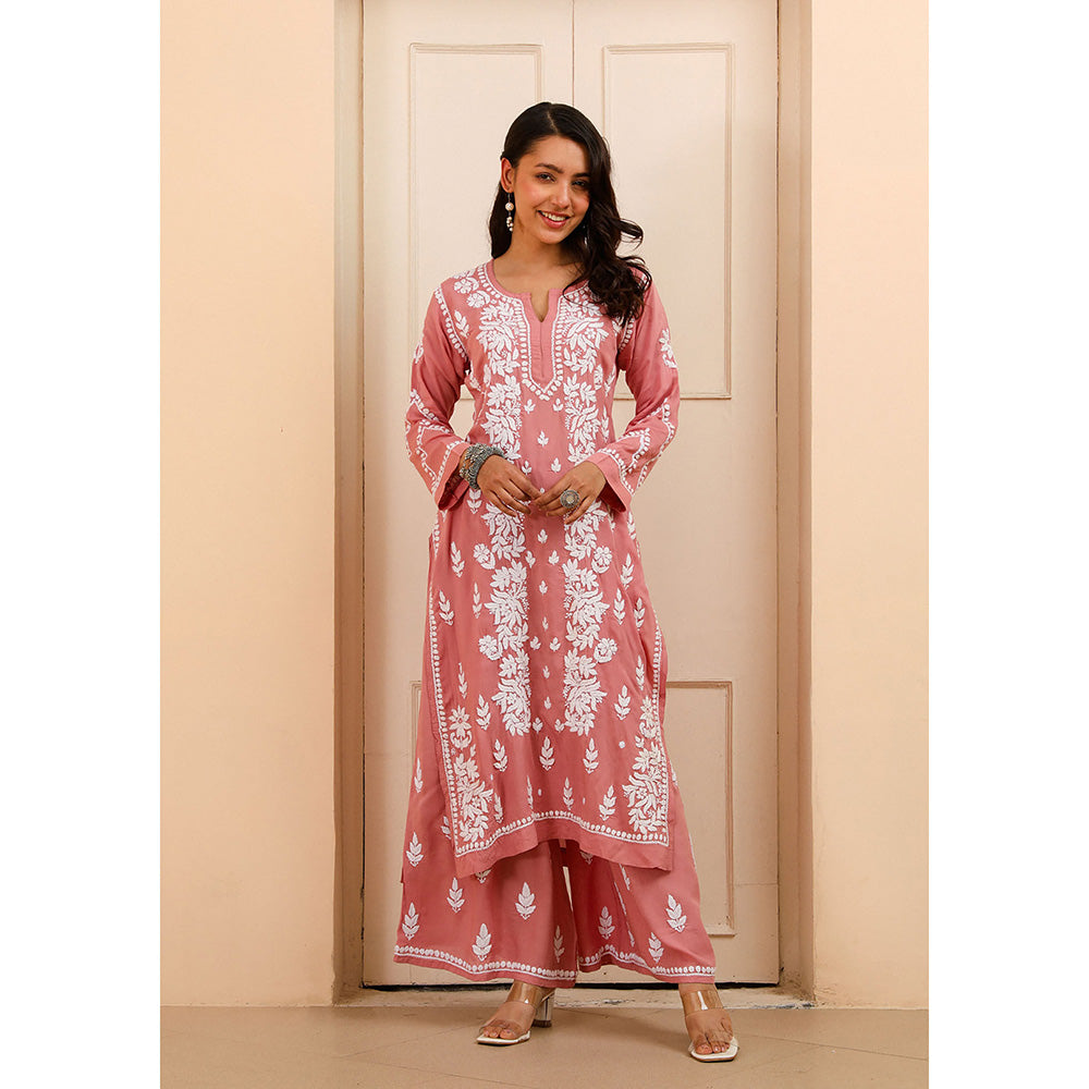 House of Chikankari Modal Chikankari Women's Kurta with Palazzo - Pink (Set of 2)