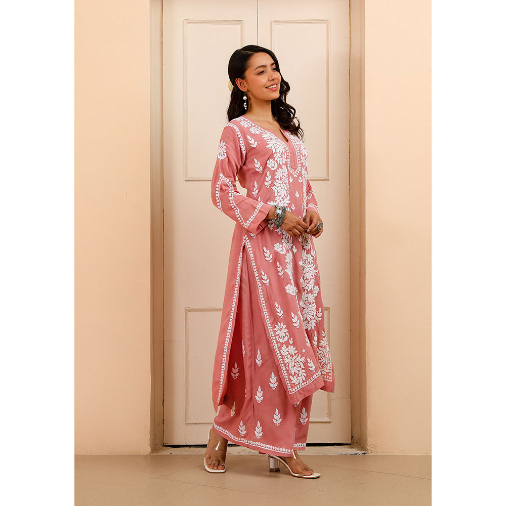 House of Chikankari Modal Chikankari Women's Kurta with Palazzo - Pink (Set of 2)