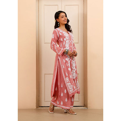 House of Chikankari Modal Chikankari Women's Kurta with Palazzo - Pink (Set of 2)