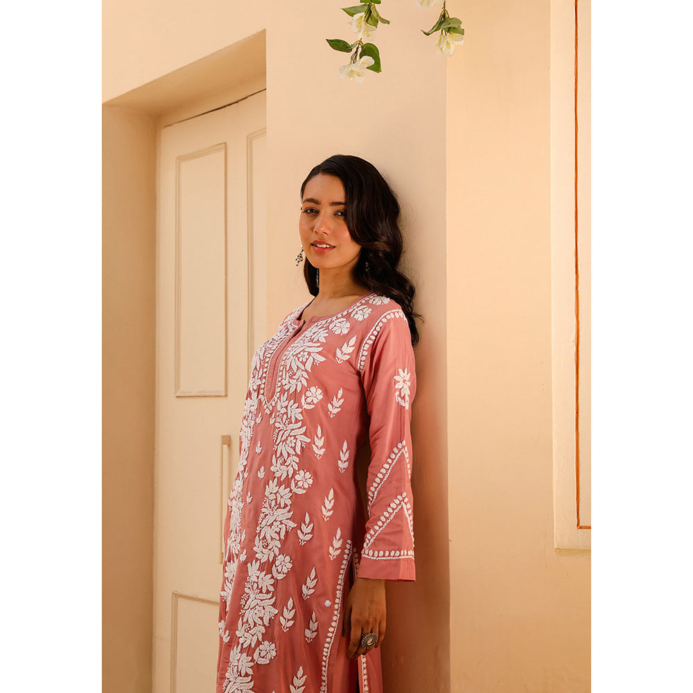 House of Chikankari Modal Chikankari Women's Kurta with Palazzo - Pink (Set of 2)