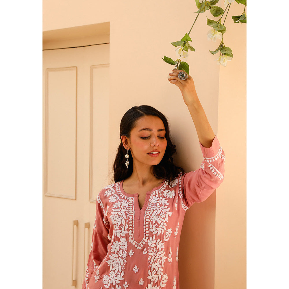 House of Chikankari Modal Chikankari Women's Kurta with Palazzo - Pink (Set of 2)