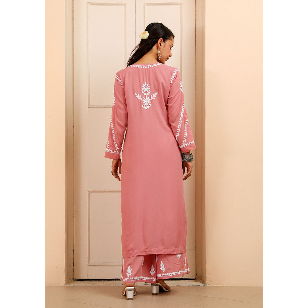 House of Chikankari Modal Chikankari Women's Kurta with Palazzo - Pink (Set of 2)