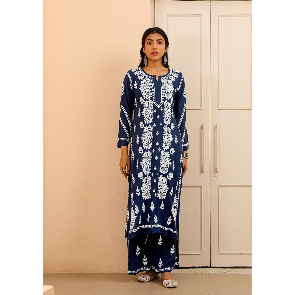 House of Chikankari Modal Chikankari Women's Kurta with Palazzo - Navy Blue (Set of 2)