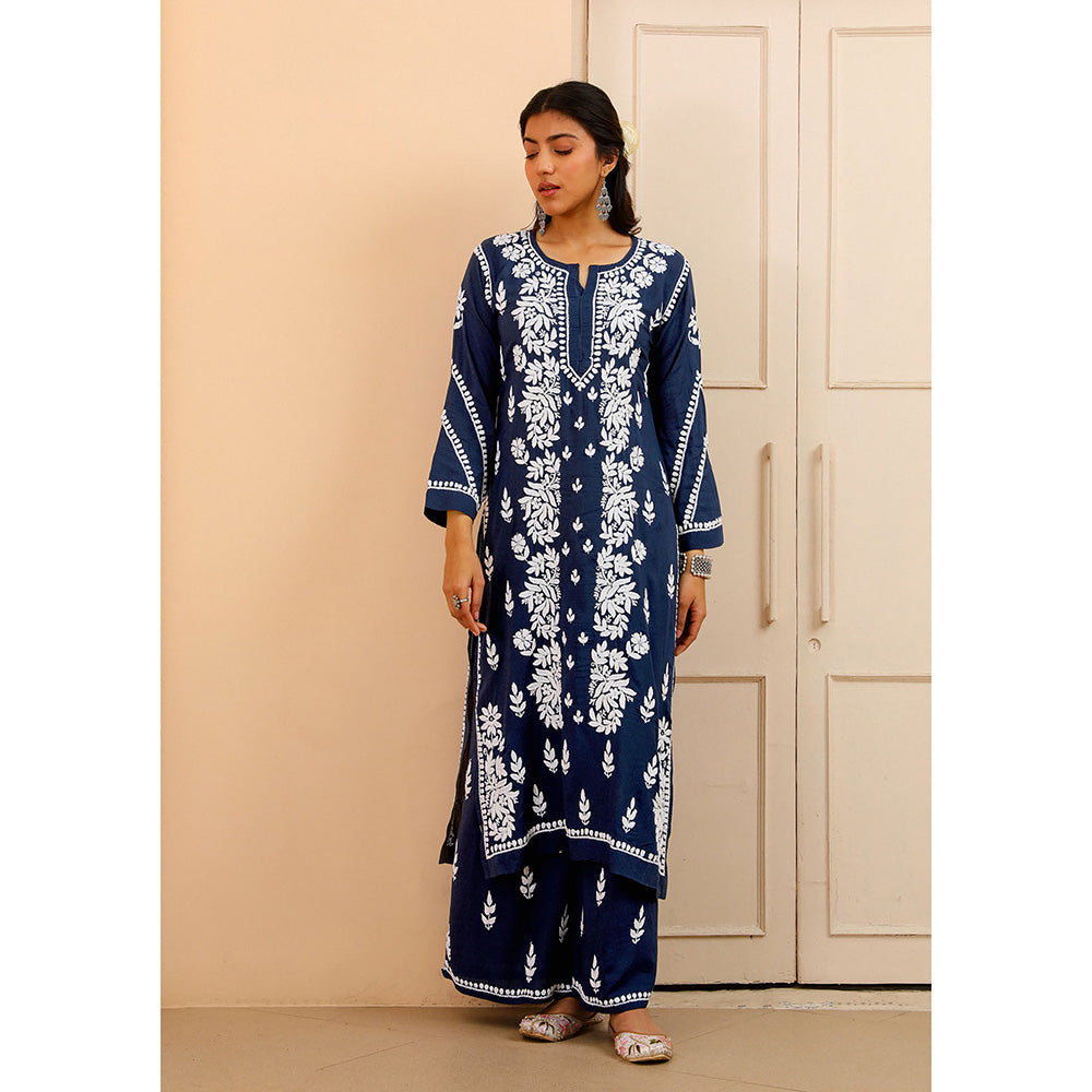 House of Chikankari Modal Chikankari Women's Kurta with Palazzo - Navy Blue (Set of 2)