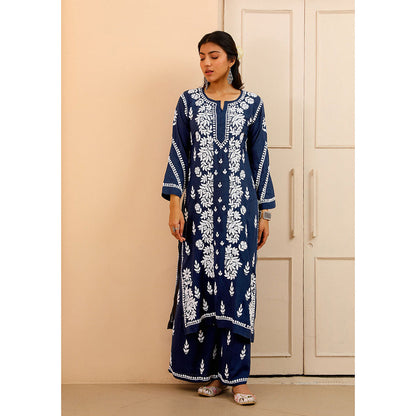 House of Chikankari Modal Chikankari Women's Kurta with Palazzo - Navy Blue (Set of 2)