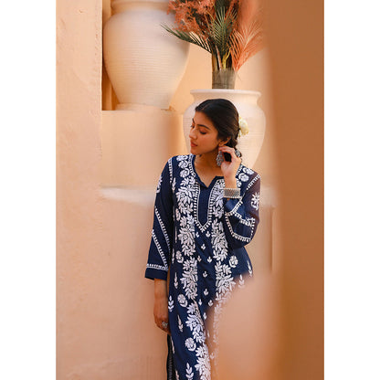 House of Chikankari Modal Chikankari Women's Kurta with Palazzo - Navy Blue (Set of 2)