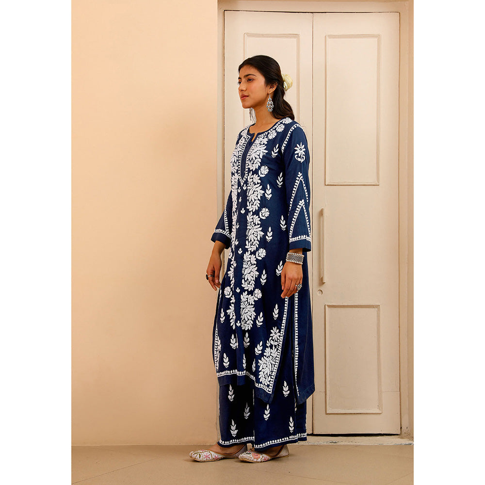 House of Chikankari Modal Chikankari Women's Kurta with Palazzo - Navy Blue (Set of 2)