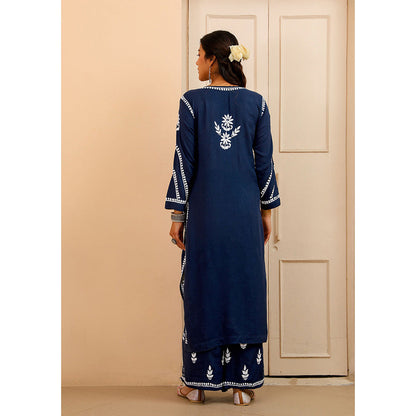 House of Chikankari Modal Chikankari Women's Kurta with Palazzo - Navy Blue (Set of 2)