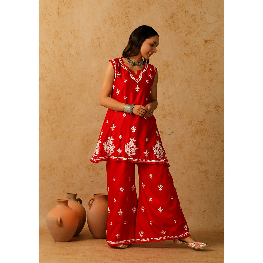 House of Chikankari Chanderi Chikankari Short Kurta with Inner and Palazzo - Red (Set of 3)