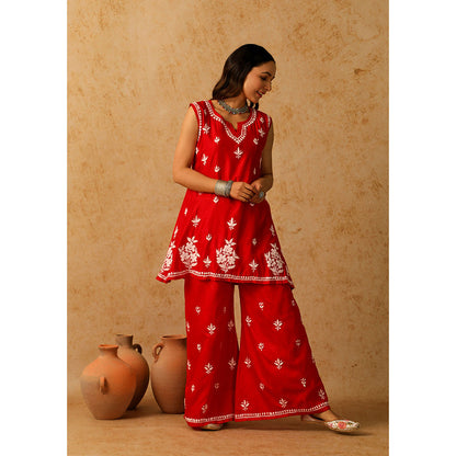 House of Chikankari Chanderi Chikankari Short Kurta with Inner and Palazzo - Red (Set of 3)