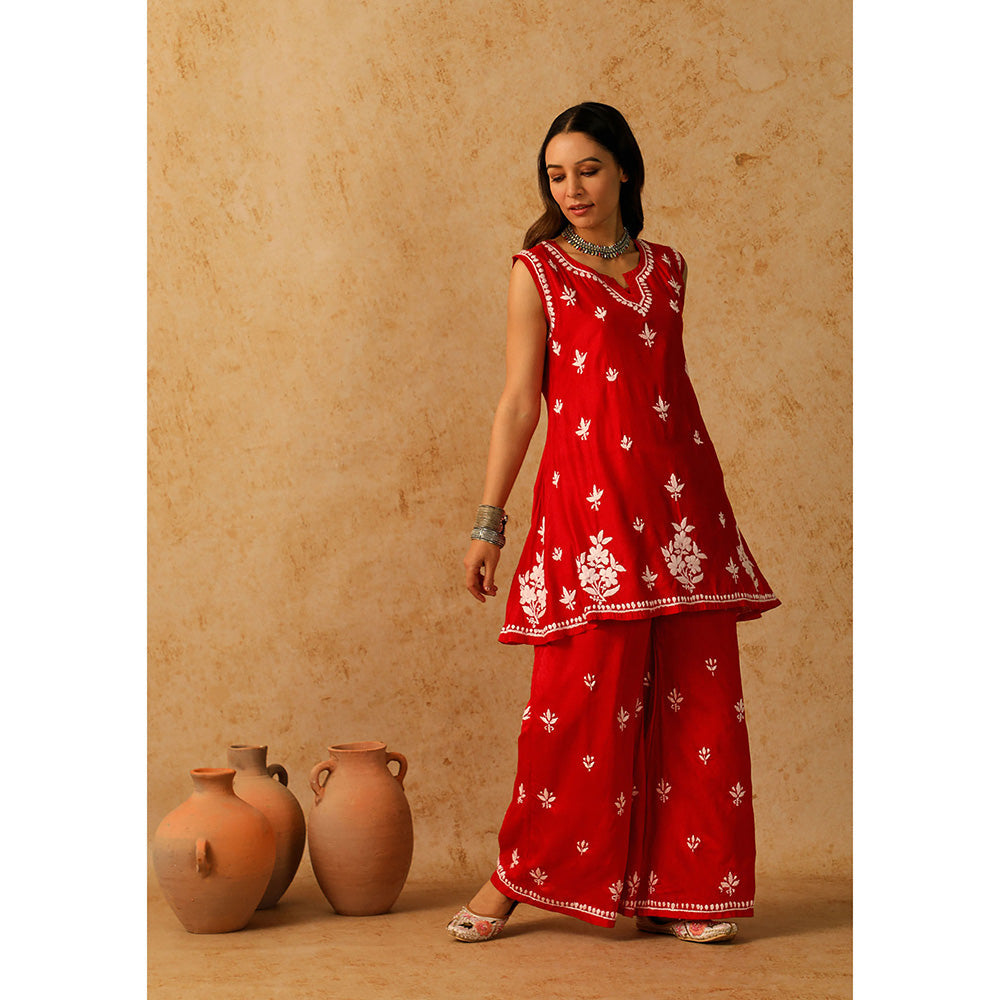 House of Chikankari Chanderi Chikankari Short Kurta with Inner and Palazzo - Red (Set of 3)