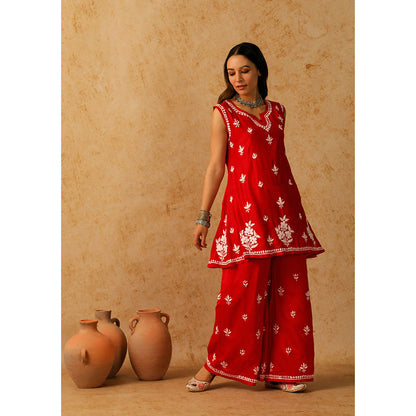 House of Chikankari Chanderi Chikankari Short Kurta with Inner and Palazzo - Red (Set of 3)