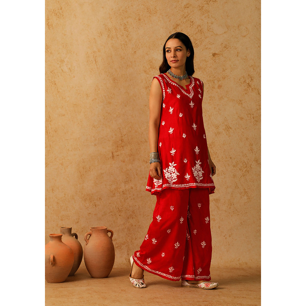 House of Chikankari Chanderi Chikankari Short Kurta with Inner and Palazzo - Red (Set of 3)