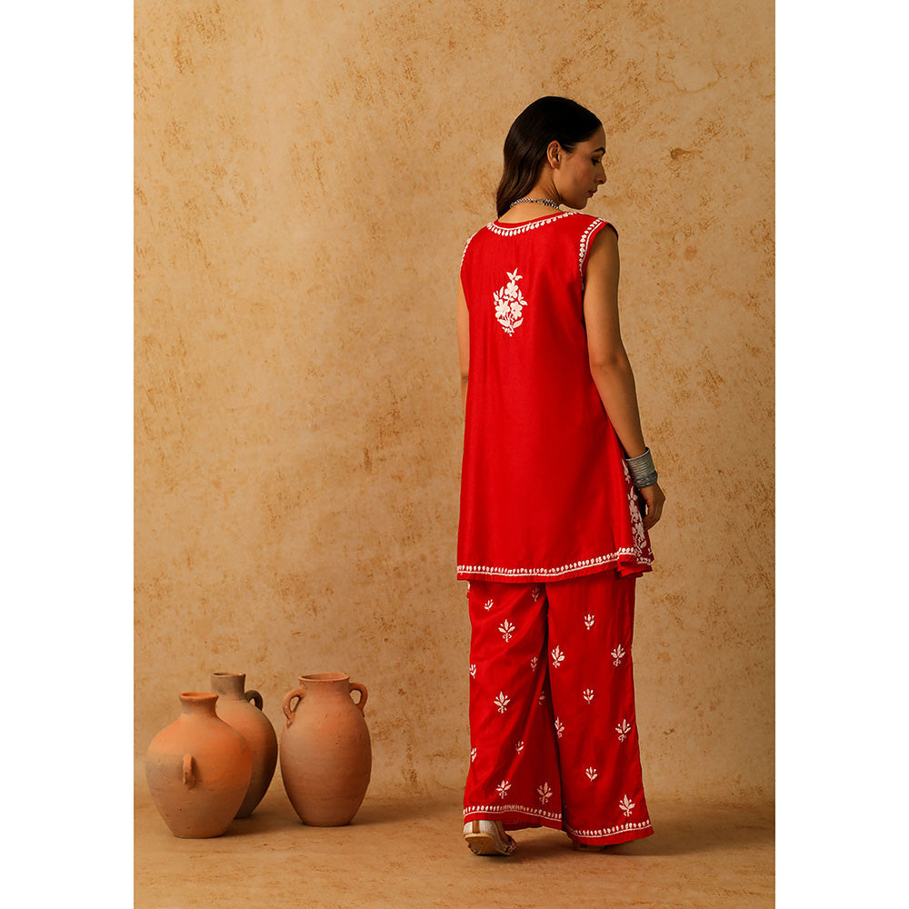 House of Chikankari Chanderi Chikankari Short Kurta with Inner and Palazzo - Red (Set of 3)
