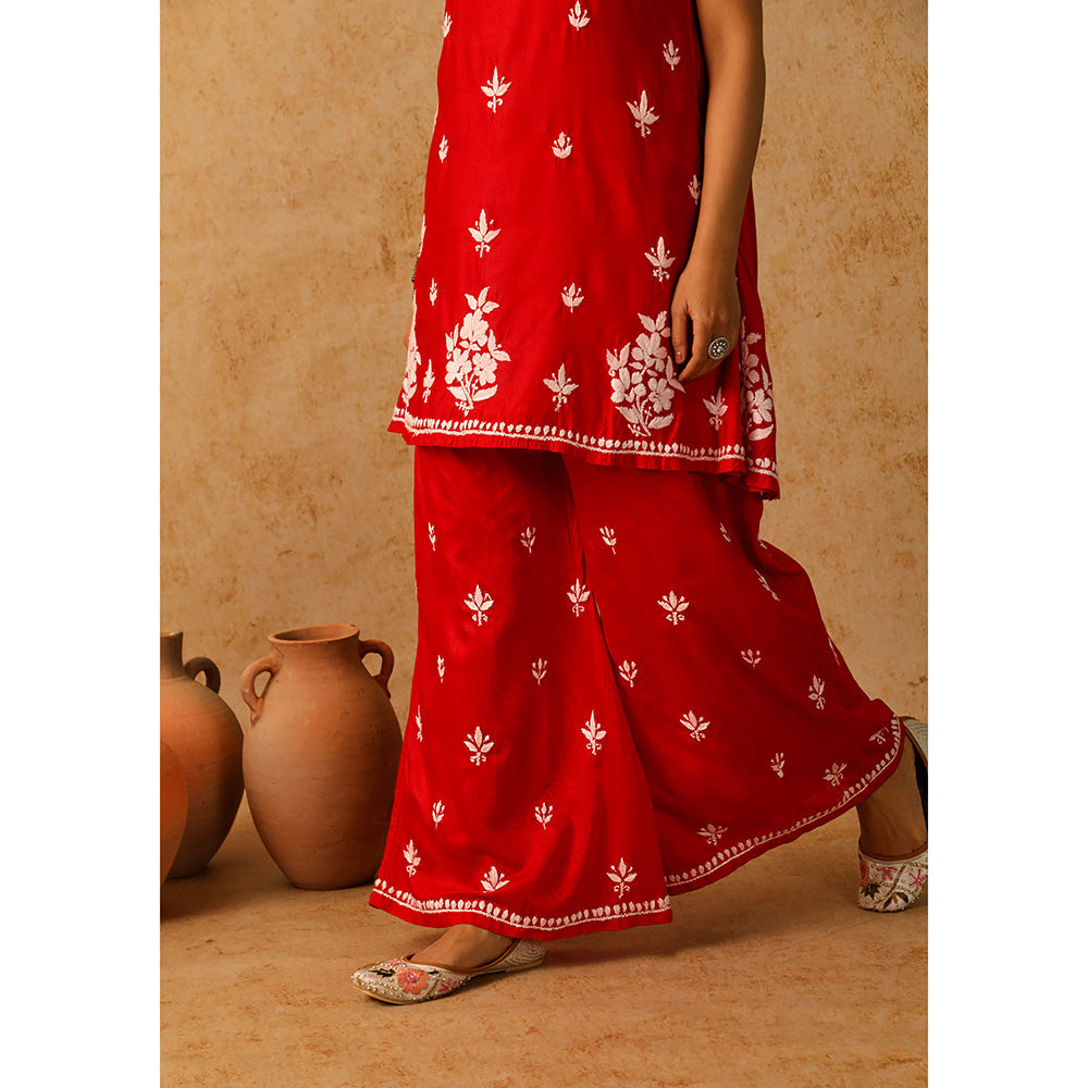 House of Chikankari Chanderi Chikankari Short Kurta with Inner and Palazzo - Red (Set of 3)