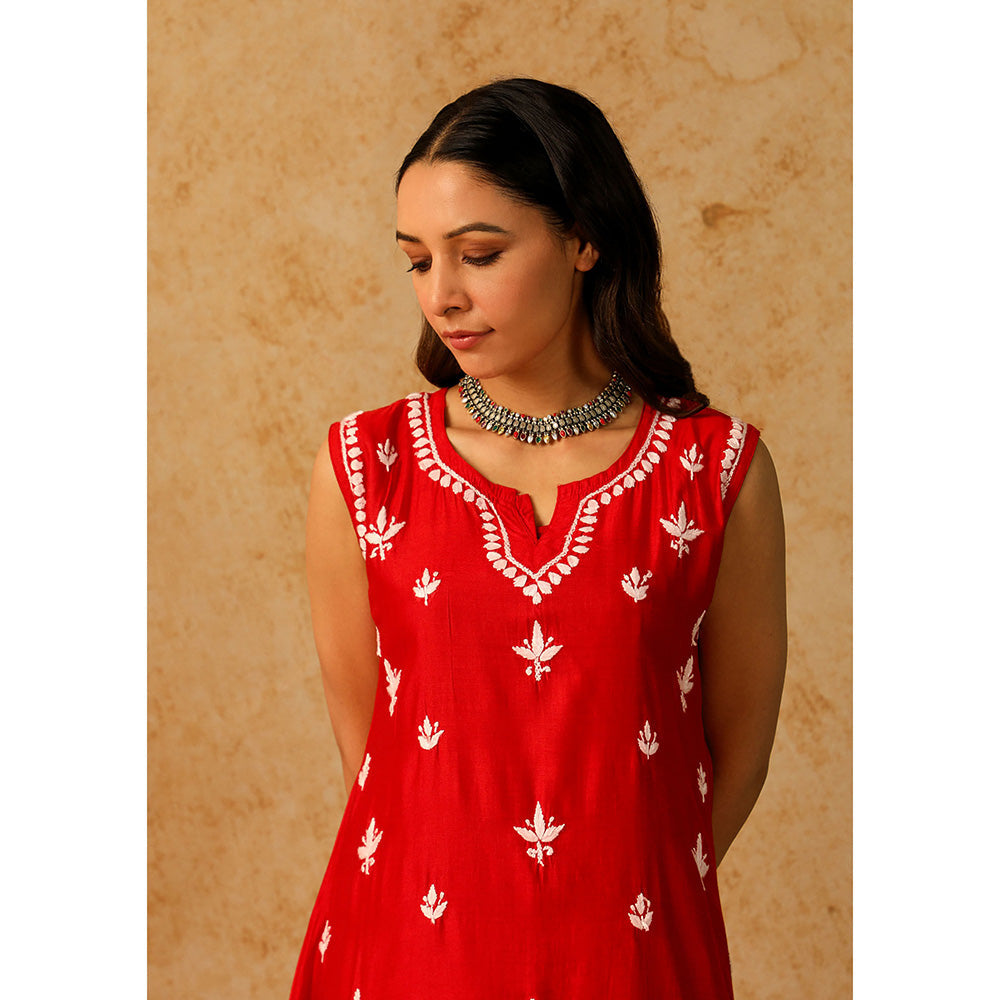 House of Chikankari Chanderi Chikankari Short Kurta with Inner and Palazzo - Red (Set of 3)