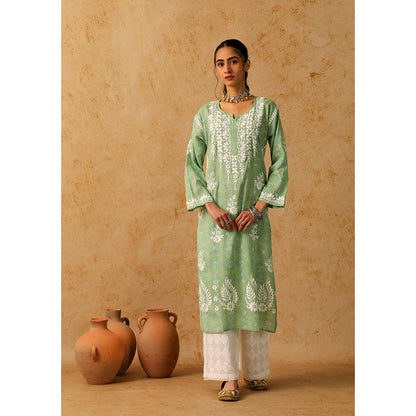 House of Chikankari Mulmul Chikankari Floral Women's Long Kurta - Green