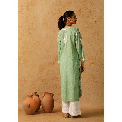 House of Chikankari Mulmul Chikankari Floral Women's Long Kurta - Green