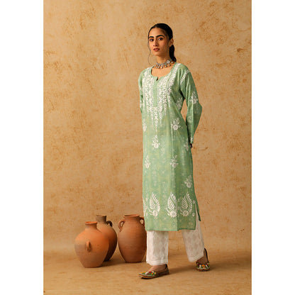 House of Chikankari Mulmul Chikankari Floral Women's Long Kurta - Green