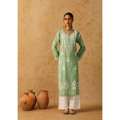 House of Chikankari Mulmul Chikankari Floral Women's Long Kurta - Green