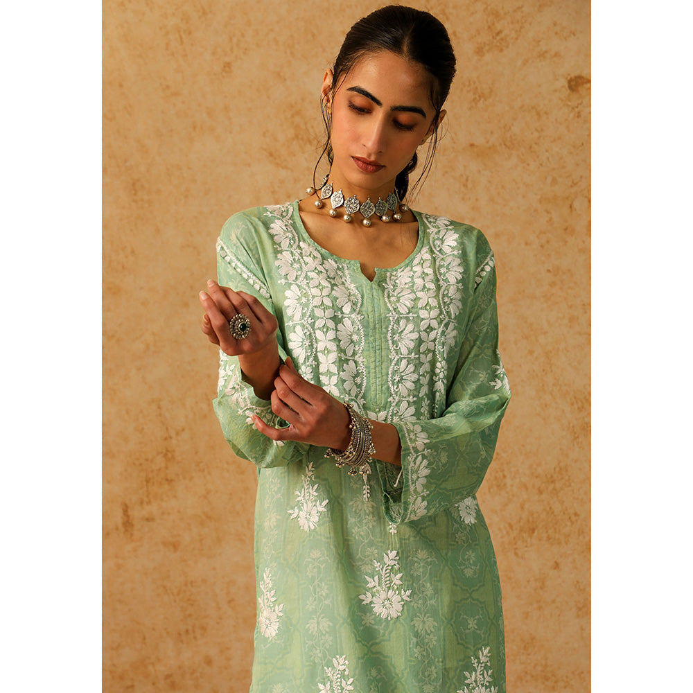 House of Chikankari Mulmul Chikankari Floral Women's Long Kurta - Green
