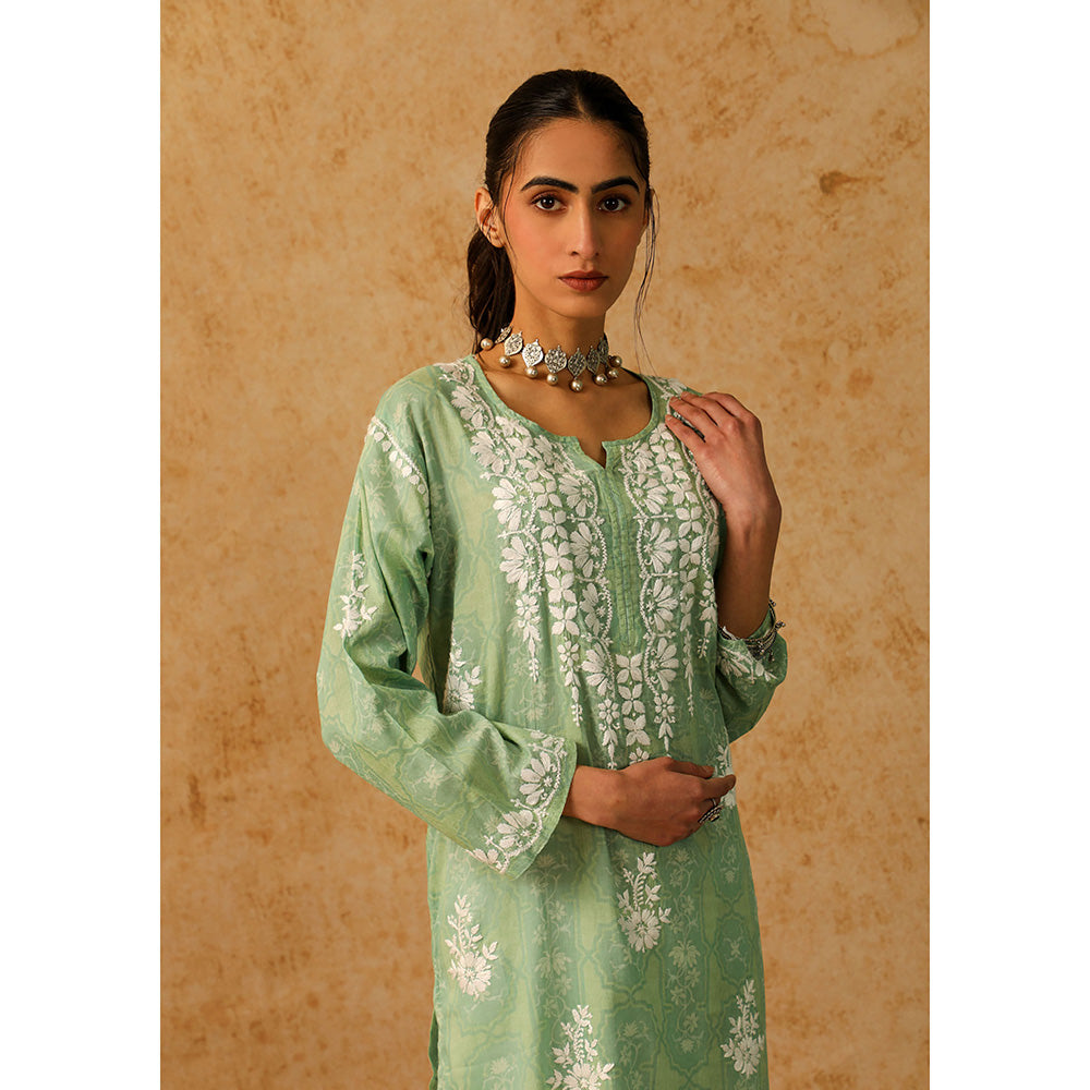 House of Chikankari Mulmul Chikankari Floral Women's Long Kurta - Green