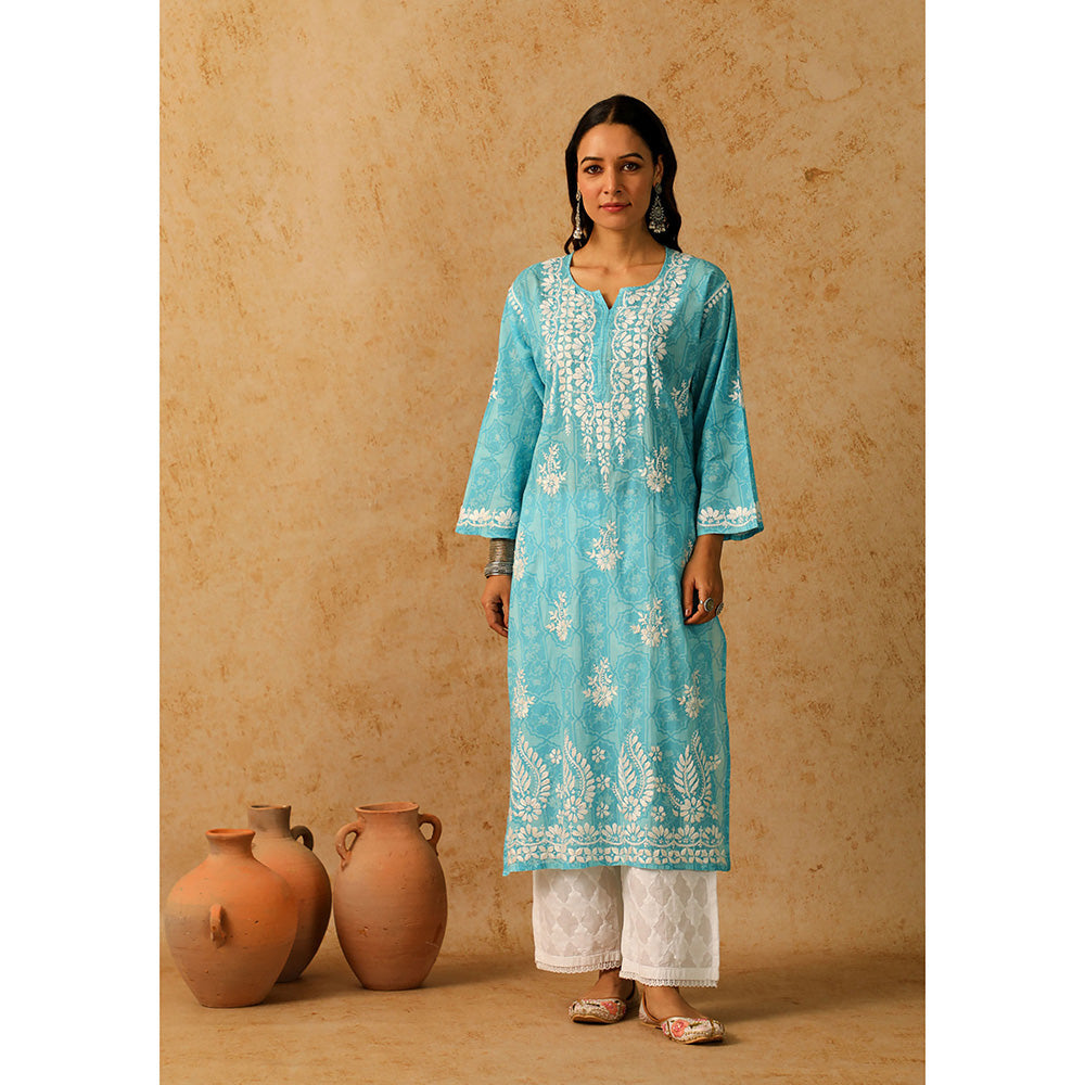 House of Chikankari Mulmul Chikankari Floral Women's Long Kurta - Blue