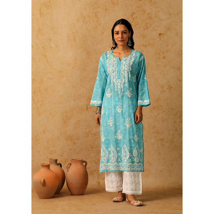 House of Chikankari Mulmul Chikankari Floral Women's Long Kurta - Blue