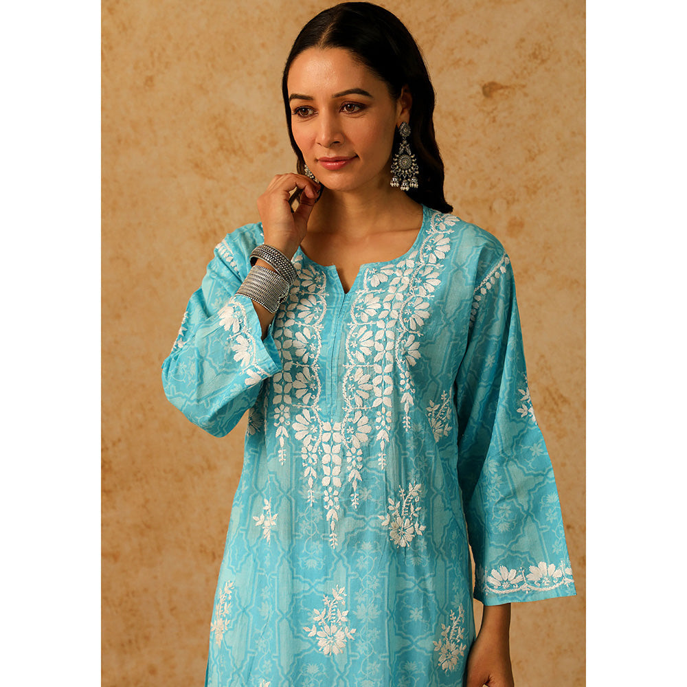 House of Chikankari Mulmul Chikankari Floral Women's Long Kurta - Blue