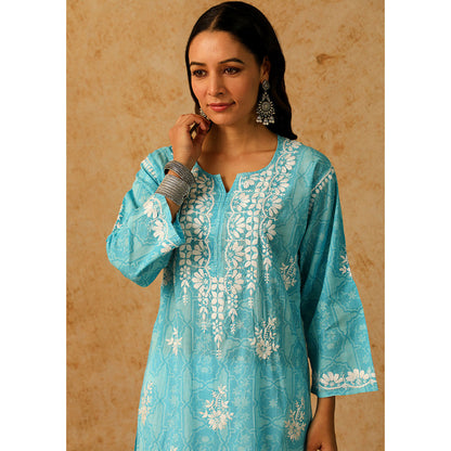 House of Chikankari Mulmul Chikankari Floral Women's Long Kurta - Blue