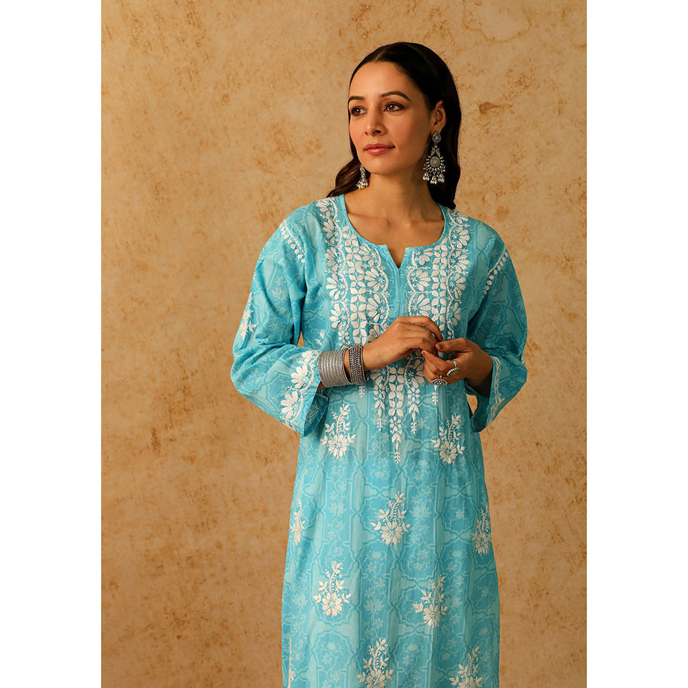 House of Chikankari Mulmul Chikankari Floral Women's Long Kurta - Blue