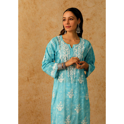 House of Chikankari Mulmul Chikankari Floral Women's Long Kurta - Blue
