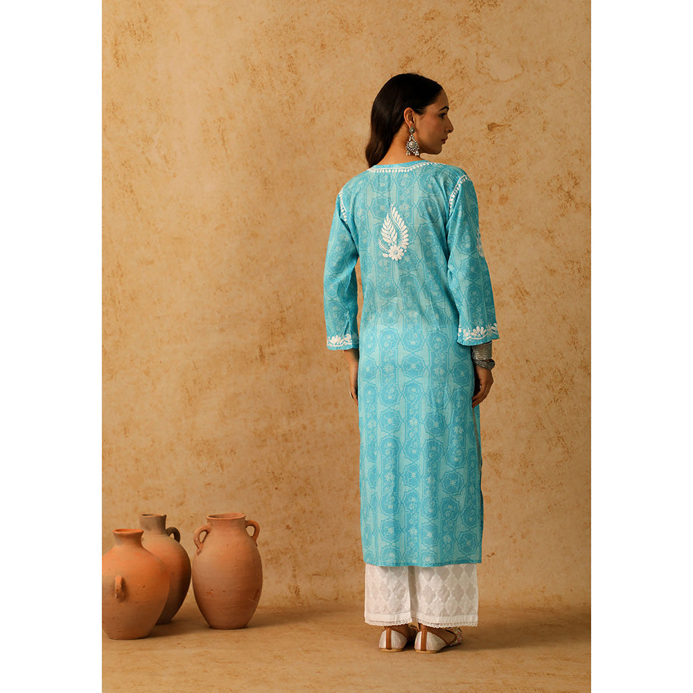 House of Chikankari Mulmul Chikankari Floral Women's Long Kurta - Blue