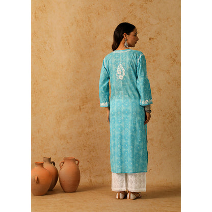 House of Chikankari Mulmul Chikankari Floral Women's Long Kurta - Blue