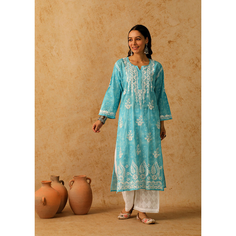 House of Chikankari Mulmul Chikankari Floral Women's Long Kurta - Blue
