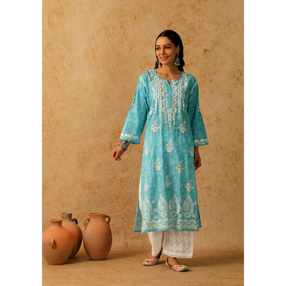 House of Chikankari Mulmul Chikankari Floral Women's Long Kurta - Blue