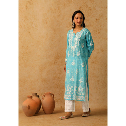 House of Chikankari Mulmul Chikankari Floral Women's Long Kurta - Blue