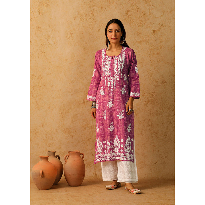 House of Chikankari Mulmul Chikankari Floral Women's Long Kurta - Pink