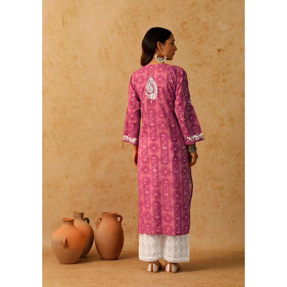 House of Chikankari Mulmul Chikankari Floral Women's Long Kurta - Pink